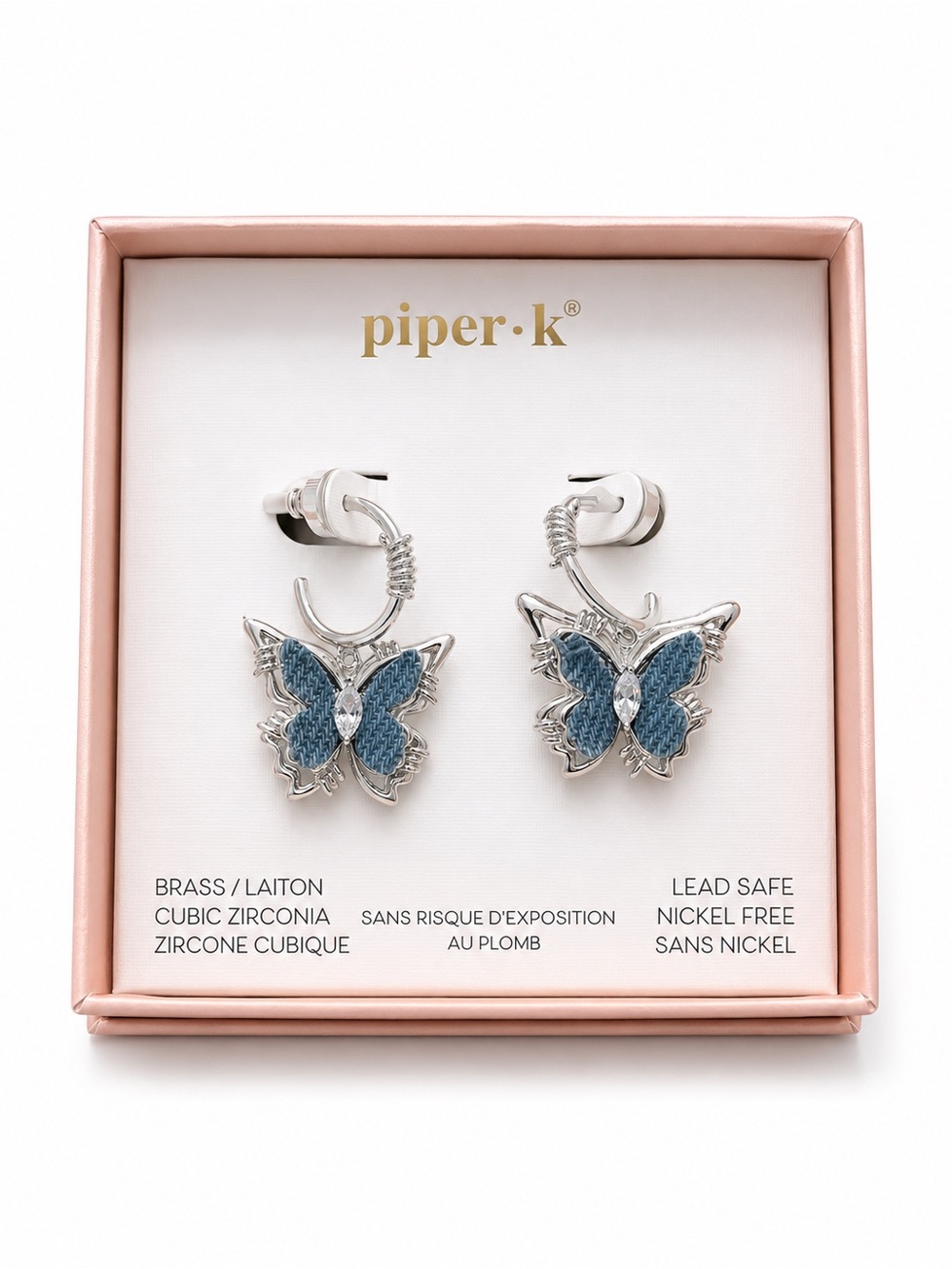 piper•k Silver Butterfly Hoop Earrings with Blue Accents